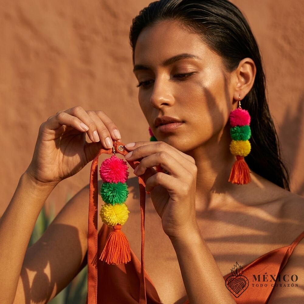 Mexican earrings hand made pom pom  day of the dead 4.5X1 Inches      0